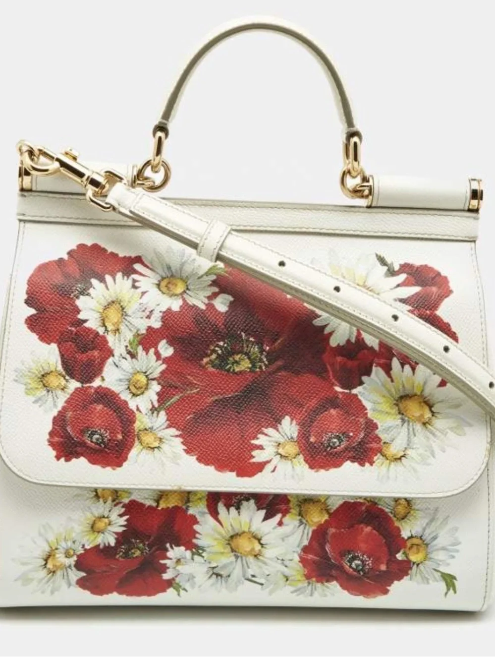 Dolce & Gabbana White Top-Handle Satchel with Red Poppy and Yellow Daisy Print